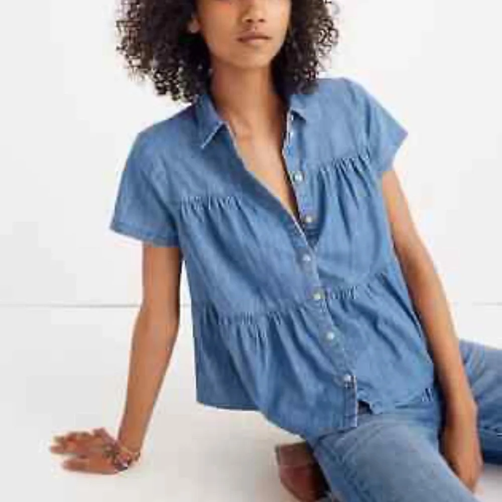 Madewell Denim Top Seamed Button Down Short Sleeve